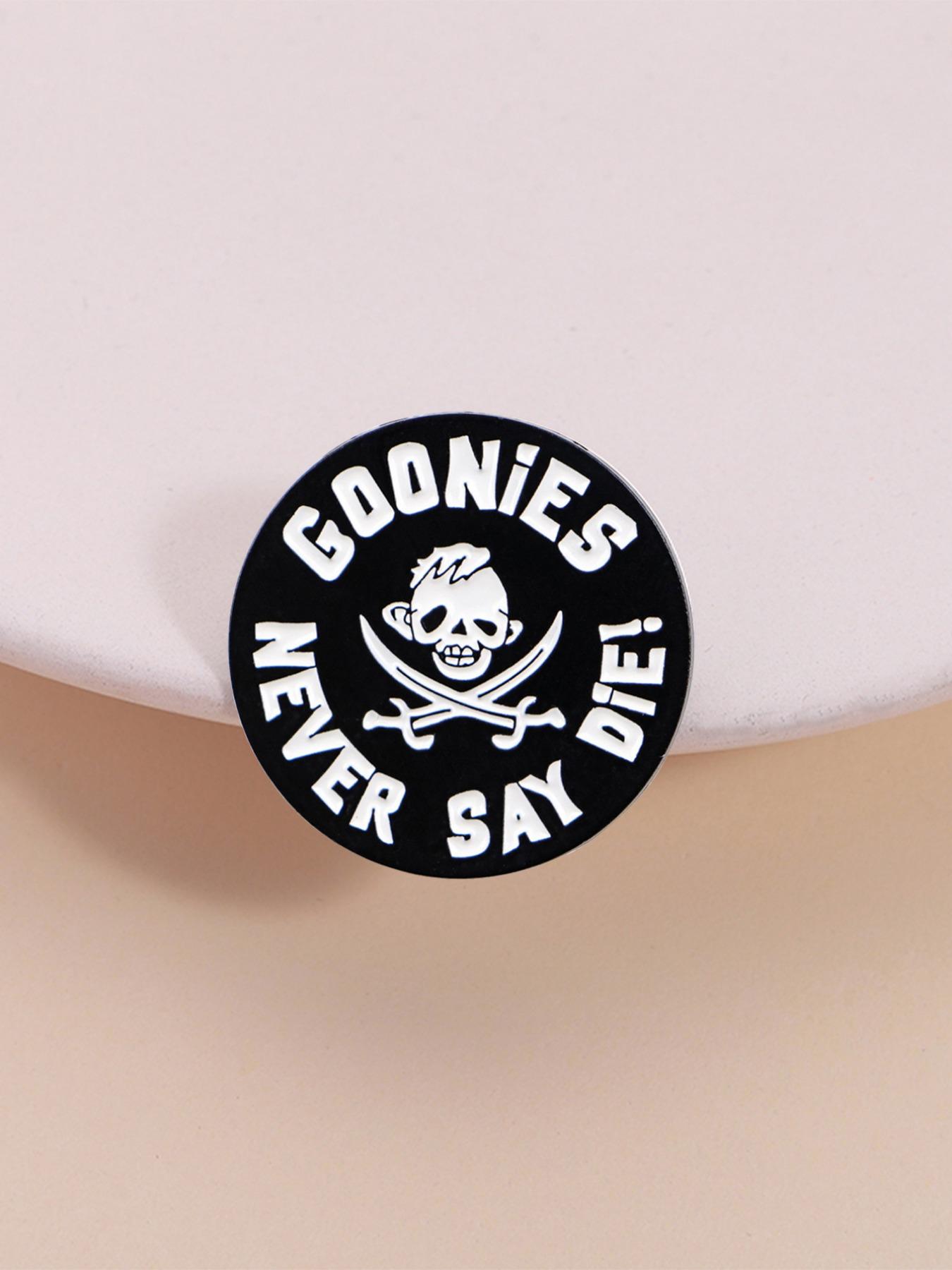 Goonies Never Say Die! Pirate Theme Flag Badge, Vintage Skull Dual Sword Design, Ultimate Collectible for 80s Fans, Engraved Slogan, Nostalgia