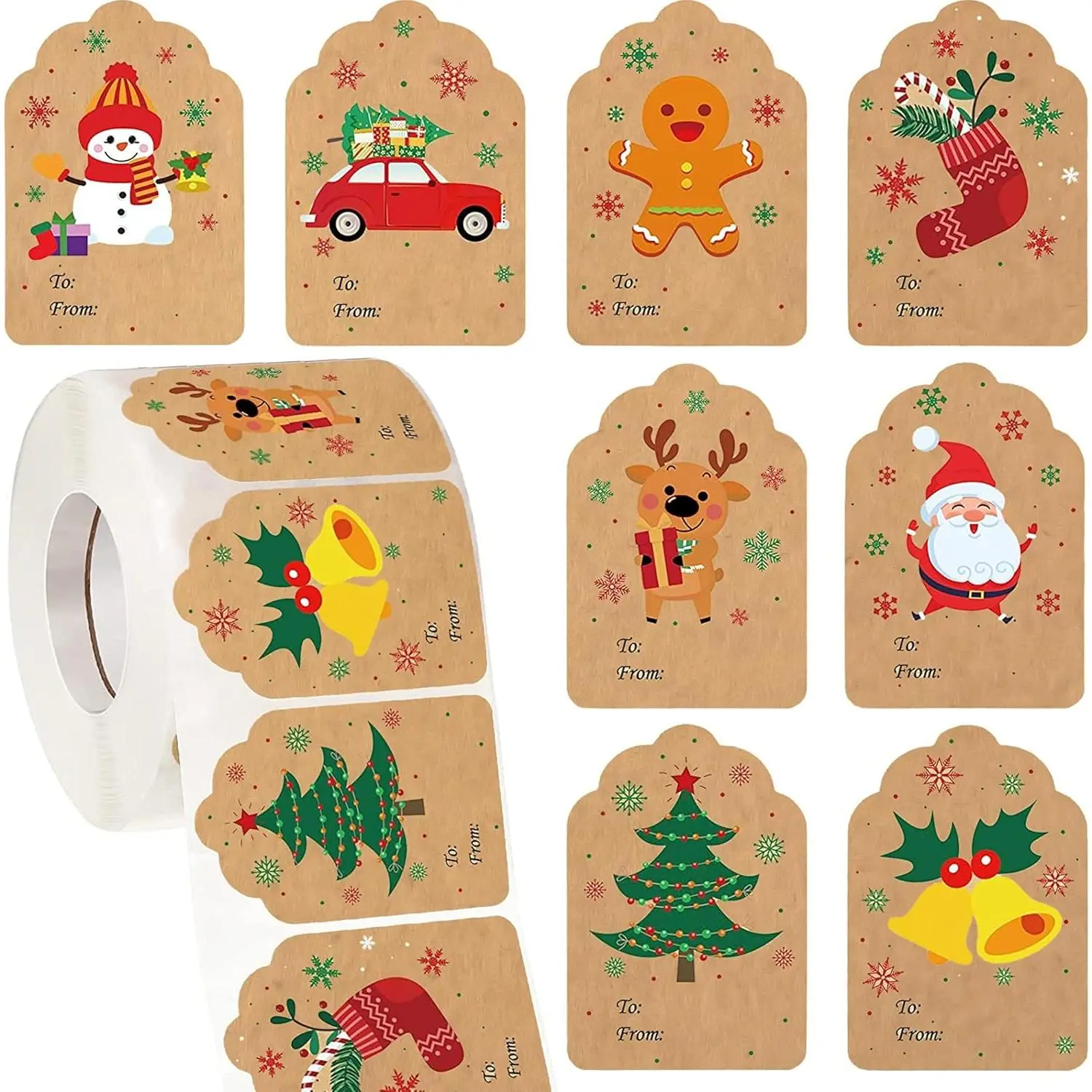 720 Pieces Self Adhesive Christmas Gift Tag Xmas Kraft Name Tags Natural Kraft Xmas Stickers Paper Tags Labels  Christmas Decoration(Stylish Style)
