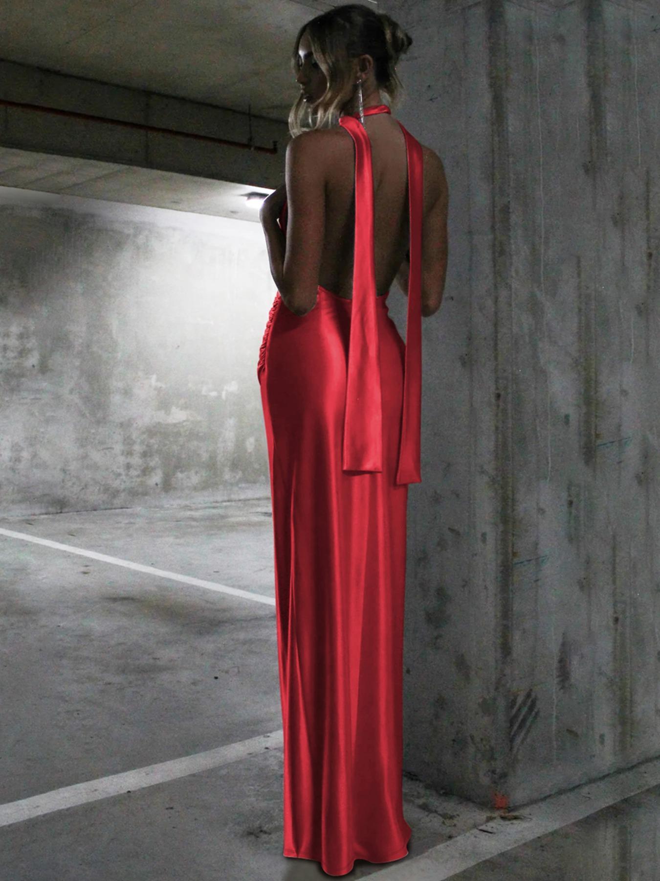 Viral TikTok Slip Dress! Women's Backless Satin Evening Gown |   Split Hem Party Dress for Prom & Wedding, Elegant Summer Formal Wear