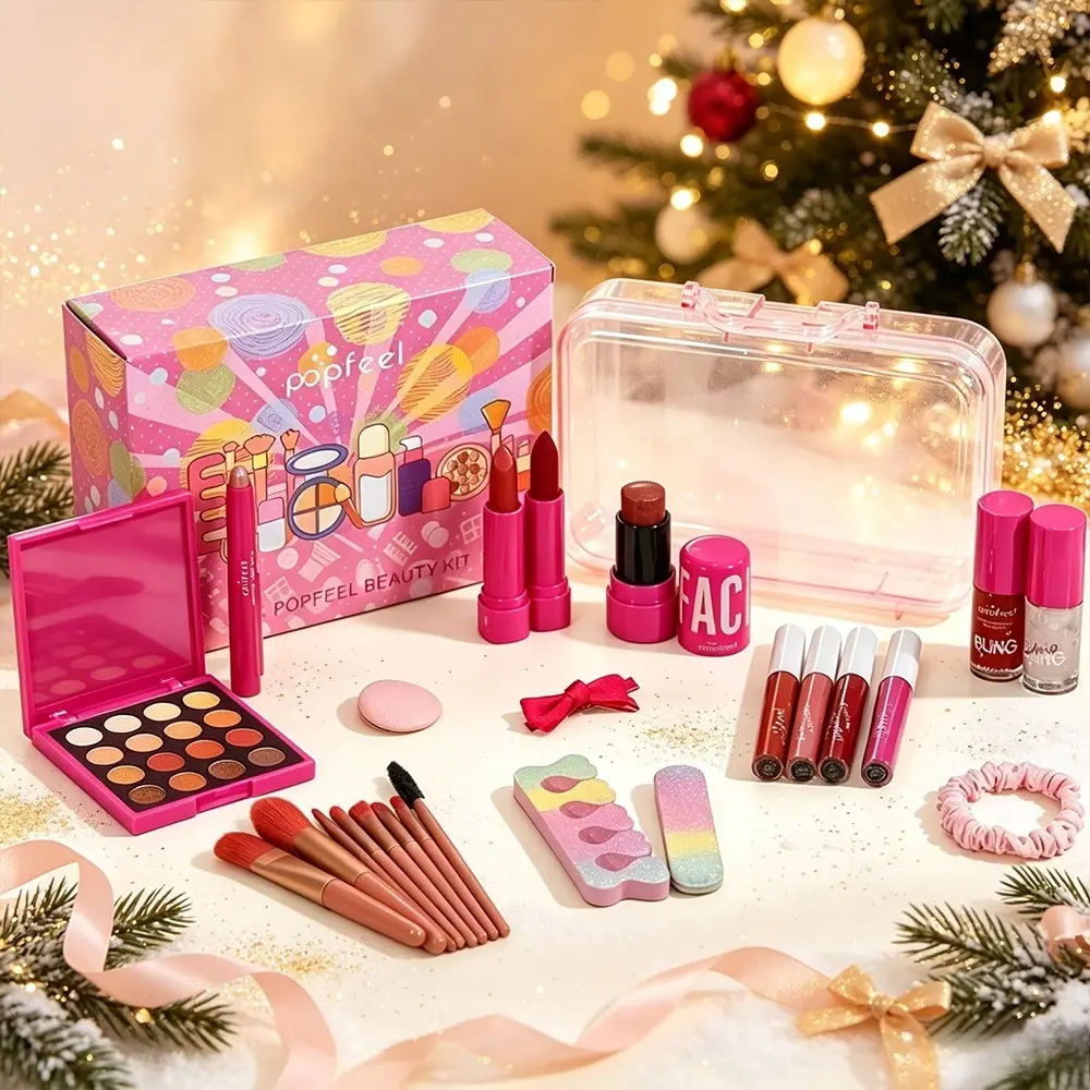 Travel portable POPFEEL beginner makeup bundle with eyeshadow and skincare hairband, lightweight long-wearing pigment. Brightens student daily look and completes stage dance makeup, great cosmetic set for personal use and holiday gifting.