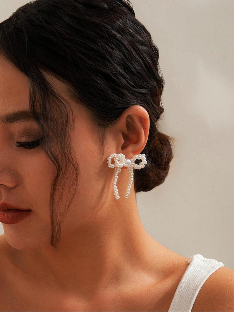 Gorgeous Faux Pearl Bow Decor Stud Earrings, Fashion Elegant Earrings Jewelry for Women, Daily Clothing Decor, Trendy Faux Pearls Craftsmanship Jewelry for Birthday Gift Fall, Mother's Day Gift, Versatile Earrings