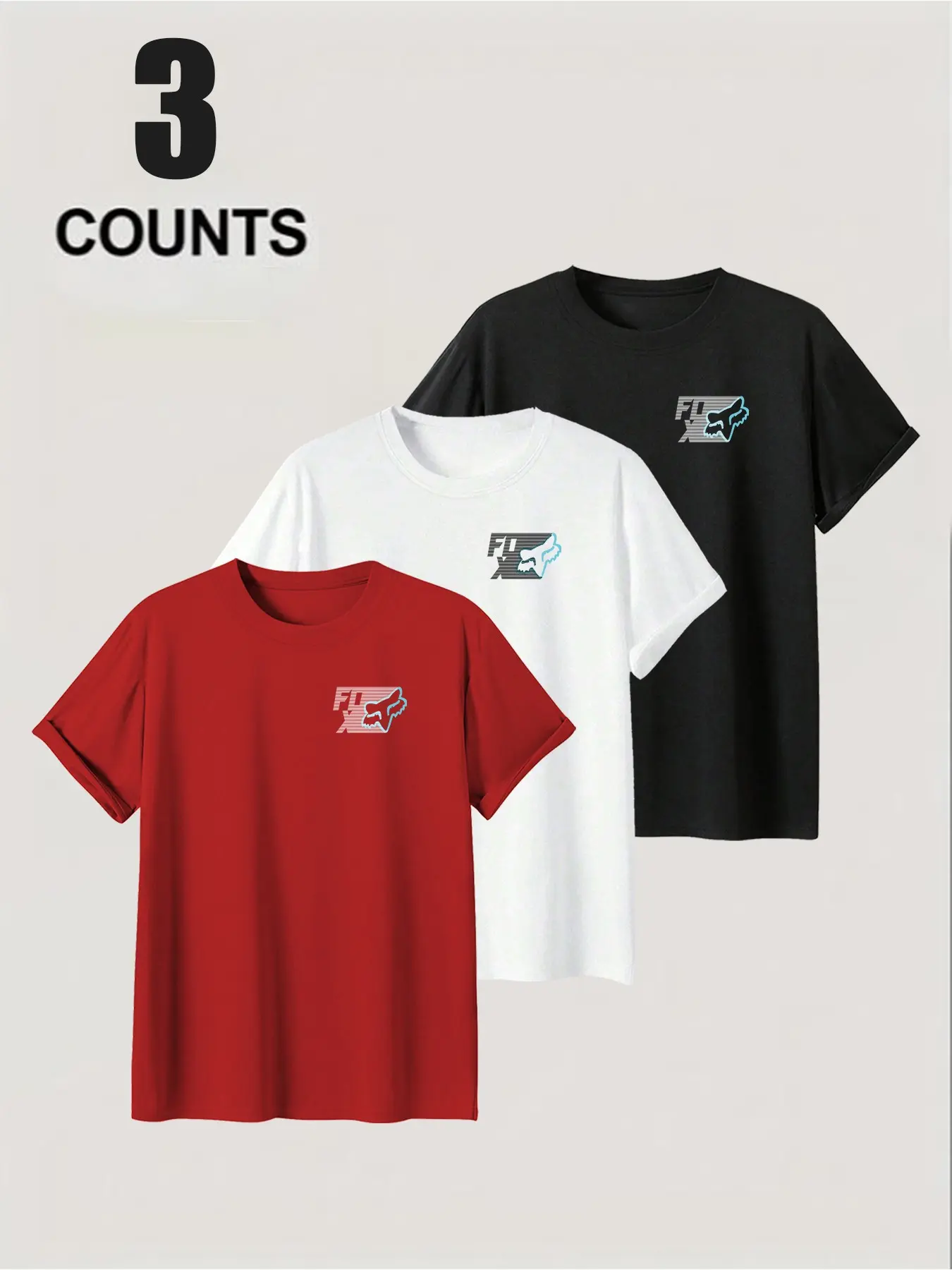 Three-Pack Fox Print T-Shirts, Unisex Round Neck Long Sleeve Tops, Breathable Soft Casual Wear, Ideal for Daily Activities & Street Style