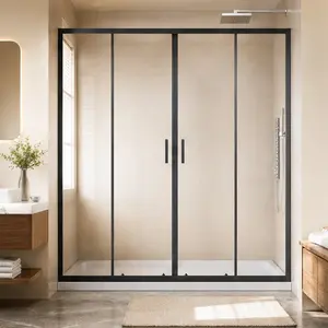 ARCH Framed Shower Sliding Door 60"x72" 4-Panel Center Opening Double Sliding Shower Door with 1/4" Tempered Glass, Aluminum Frame, Stainless Steel Handles, Smooth Rollers, Matt Black Finish for Bathroom, Matt Black Color Options, Aluminium Material