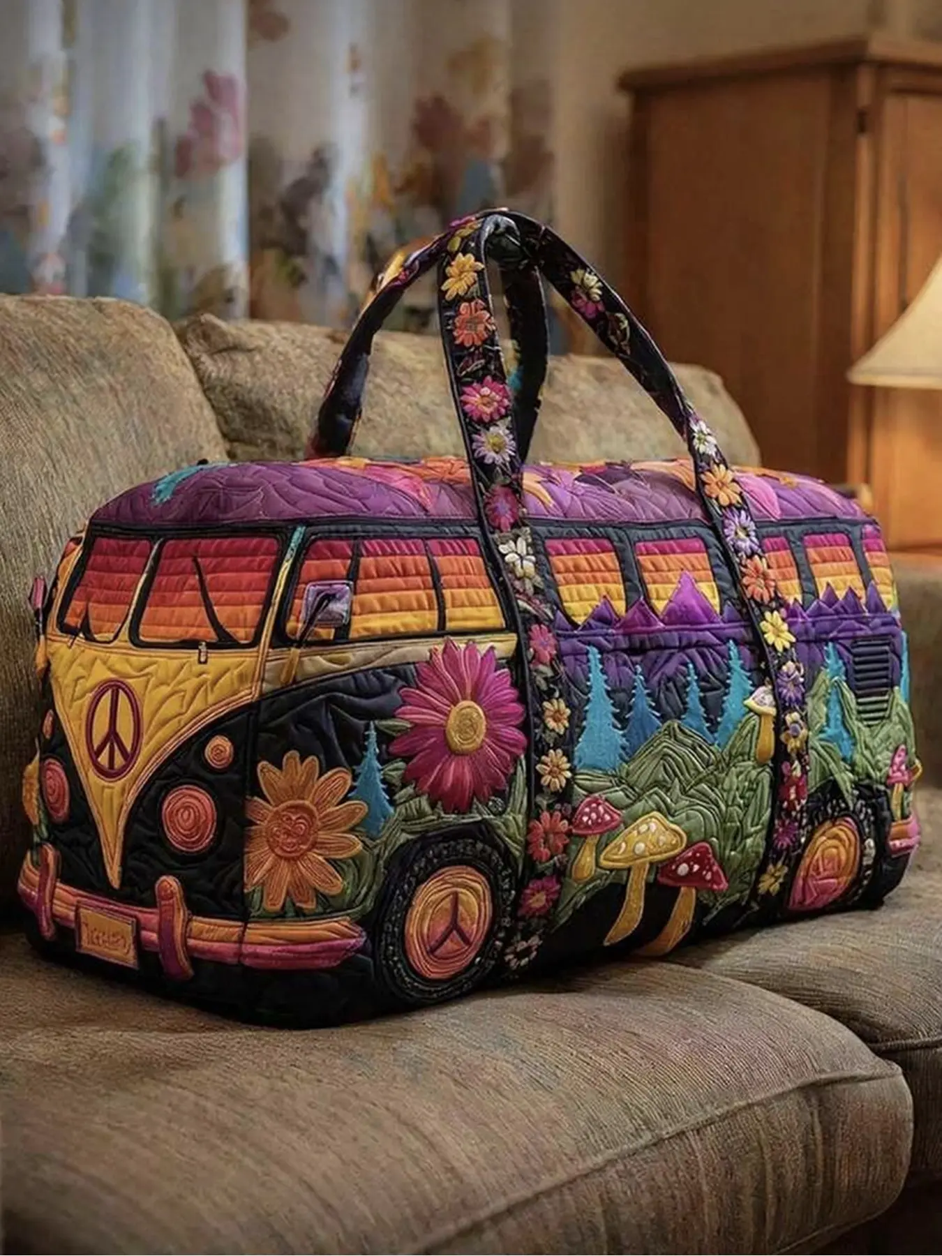 Vintage Hippie Travel Luggage Bag Peace Sign Floral Weekend Tote Bohemian Casual Vacation Women's Handbag