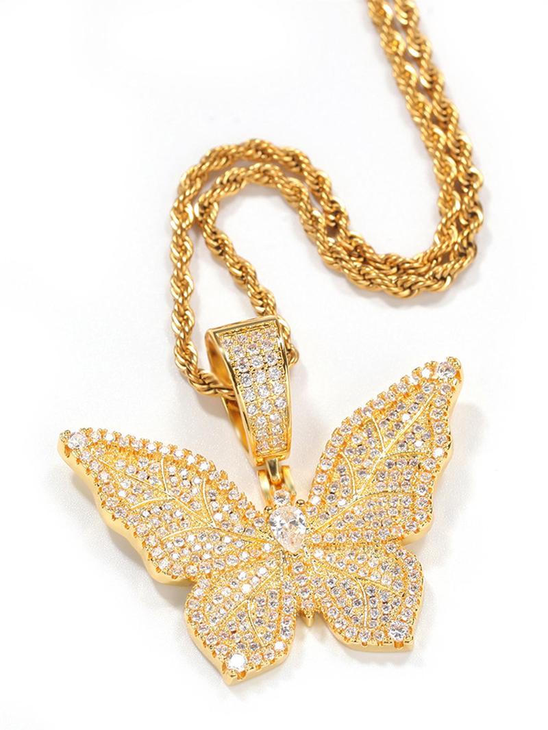 Rhinestone Butterfly Pendant Necklace for Women, Shining Party Accessories, Luxury Gorgeous Rope Chain Necklace, Fashion All-match Jewelry for Party, Daily Clothing Decor for Girl, Jewelry Accessory