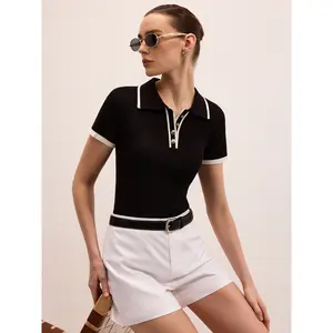 Ribbed Knit Short Sleeve Polo Top