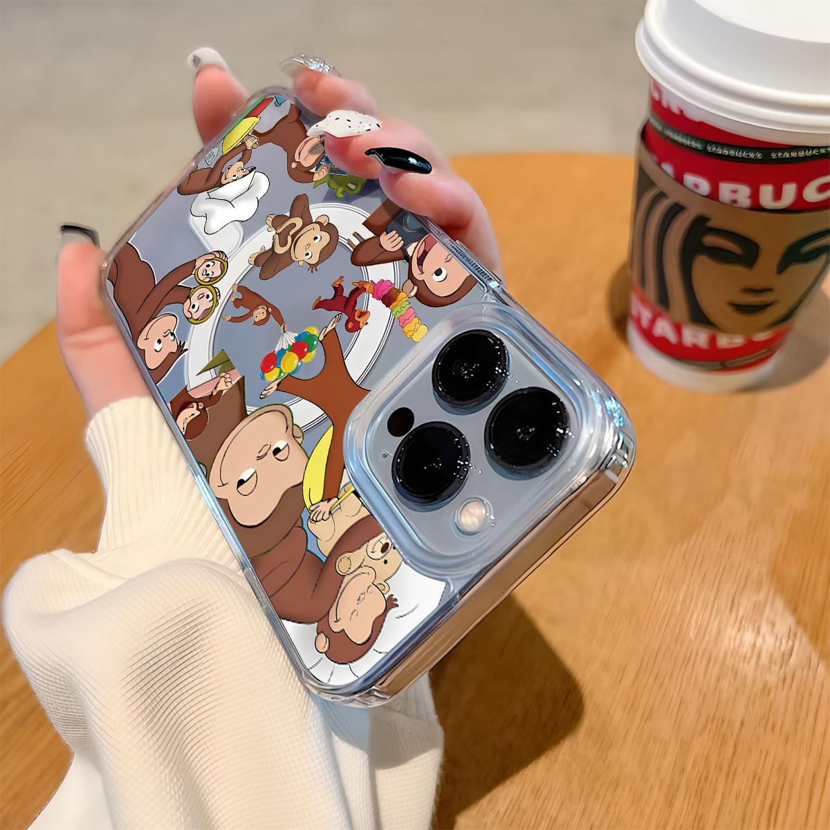 Curious George Monkey Design Clear Wireless Charging Protection Shockproof Slim Magnetic Phone Case For iPhone 17 16 15 Pro Max 14 13 12 11 Plus Air