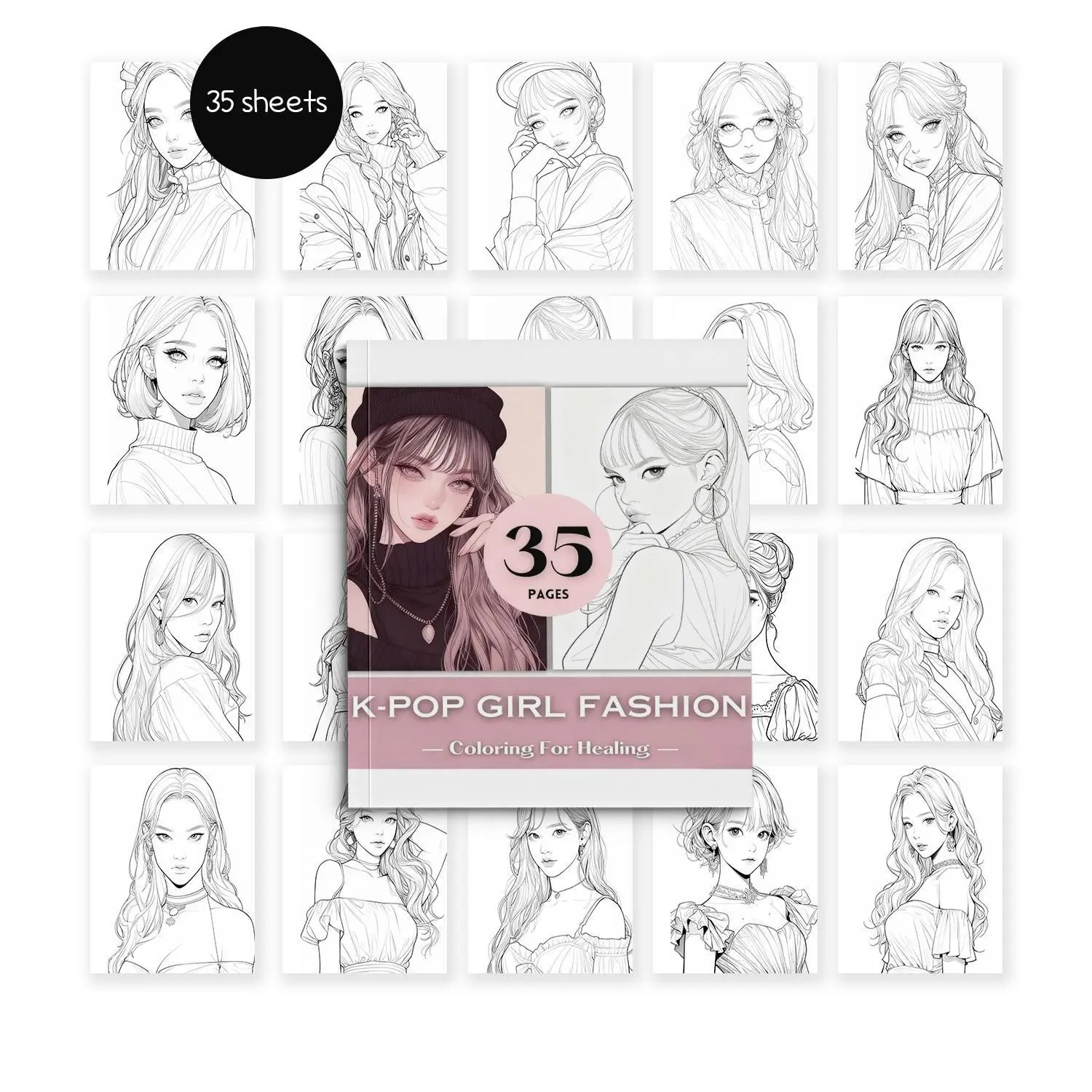 Trendy K-Pop Fashion Coloring Book for Teens, 35 Elegant Girl Group Line Art Sheets, Stress Relief Immersive Coloring, Perfect for Fashion Enthusiasts
