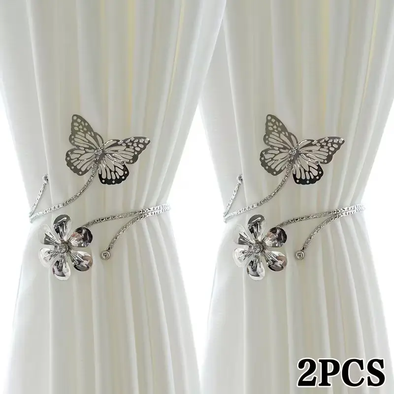 2-Pack Butterfly & Flower Metal Curtain Holders, Modern No-Drill Adjustable Hooks for Living Room, Bedroom, Office Decor
