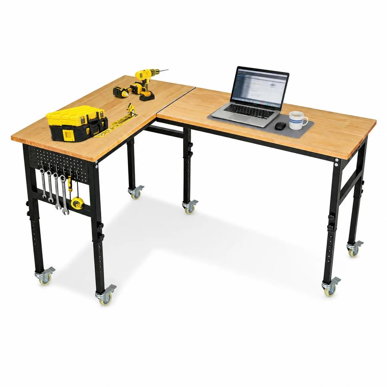 Heavy Duty L-Shaped Adjustable Height Steel Workbench with Power Outlet & Pegboard - 2000lbs Capacity - Mobile Locking Wheels - Ideal for Garage, Workshop, Tool Storage, DIY