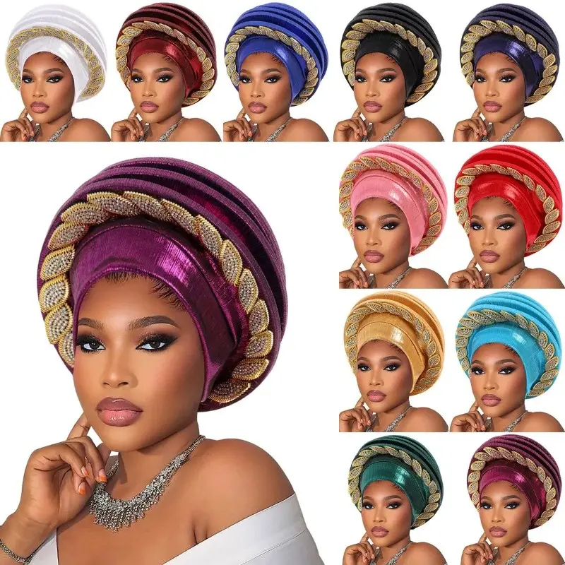 Women's African Spiral Turban Hat - All-Seasons Unisex Pre-Tied Metallic PVC Wrap Headwear with Rhinestone Leaf Decor, Elegant Auto Gele for Wedding & Daily Wear