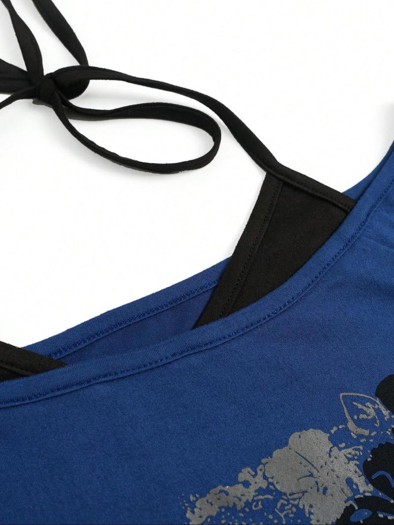 Women's 2 in 1 Floral & Letter Print  Halter Tee, Y2k Casual Top for Summer, Ladies Clothes for Daily Wear