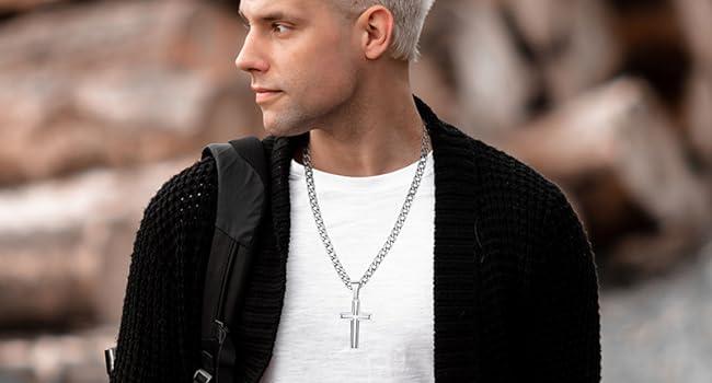 Fansilver Cross Necklace for Men Women 5mm Big Beveled Edge Men's Stainless Steel Durable Cuban Link Chain Curb Chain Crucifix Cross Pendant Necklace Jewelry Gifts 16-30 Inches