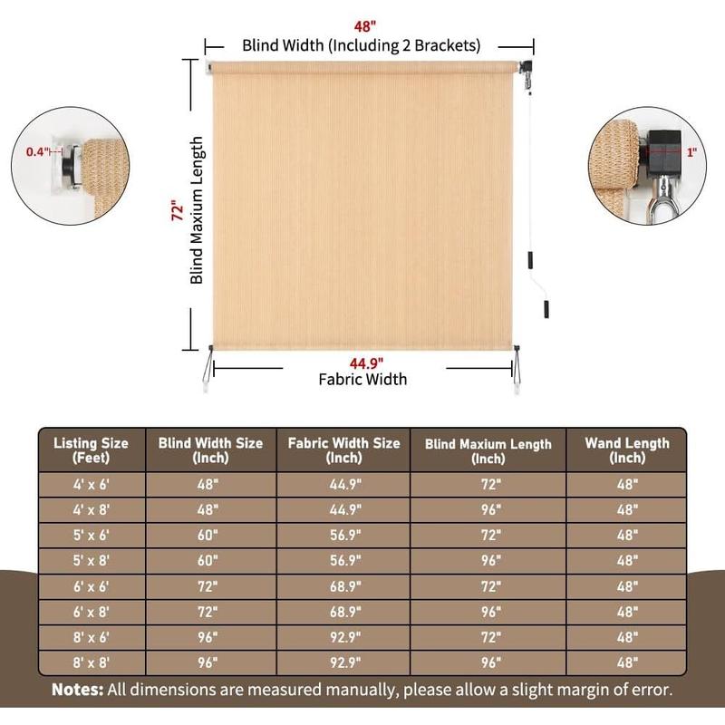 Outdoor Roller Shade 4' W x 6' L Cordless Patio Shades Roll Up Outdoors Blinds with UV Protection, Exterior Roller Shades Cloth for Porch Pergola, Walnut Outdoor Roller Shade 4' W x 6' L Cordless Patio Shades Roll Up Outdoors Blinds with UV Protection, Exterior Roller Shades Cloth for Porch Pergola, Walnut