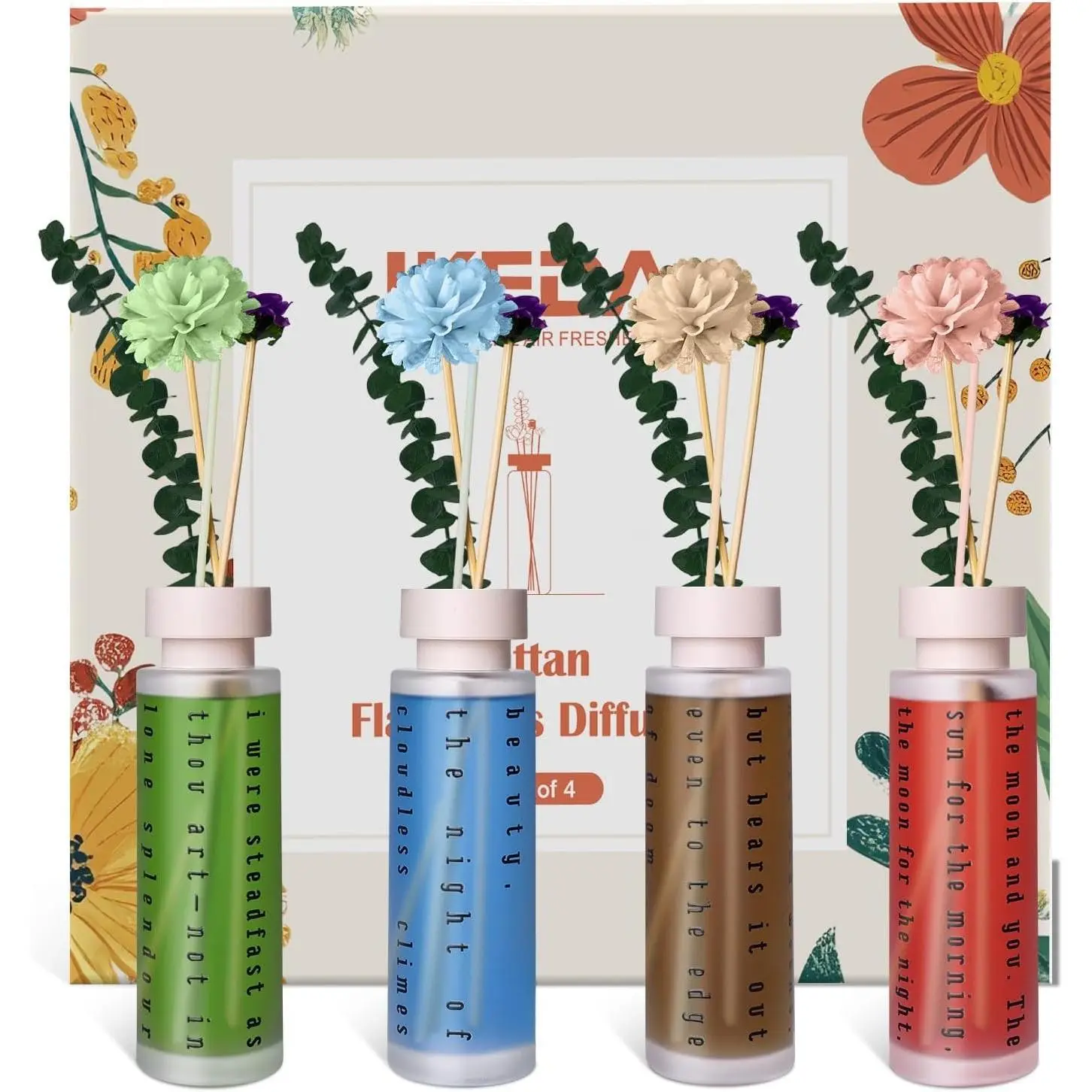 Reed Diffuser Set of 4, Lavender, Gardenia, Rose& Scented Diffuser with Sticks, 5.07 fl oz Each,   Essential Oils Diffusers for Bathroom, Shelf Decor&Air Fresheners