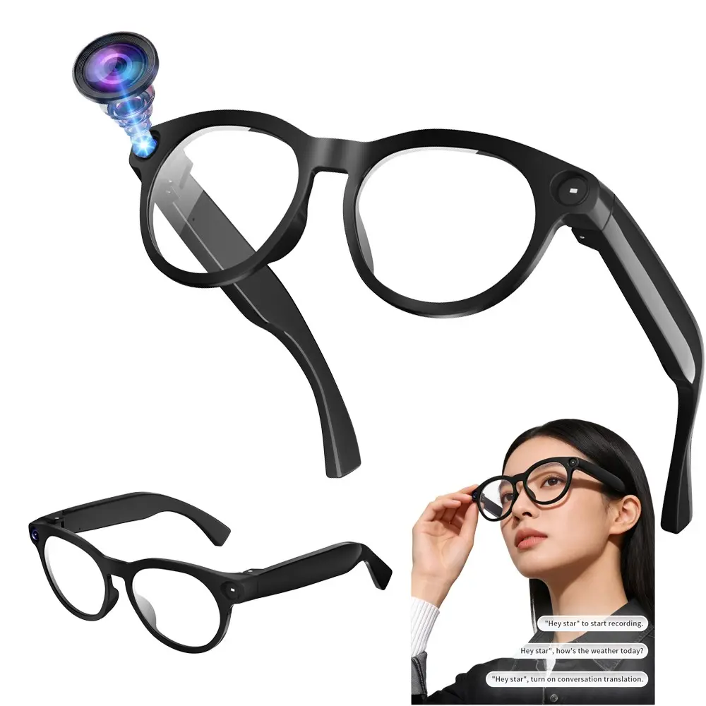 Smart Glasses, with 8MP Camera, 1080P Video Recording, 4GB Memory, 290Mah Battery,AI Real Time Translation, Video Call Translation,Build-in Mic & Speakers, Bluetooth Calling, Music Control , 2 Lenses Total (Transparent +Black)