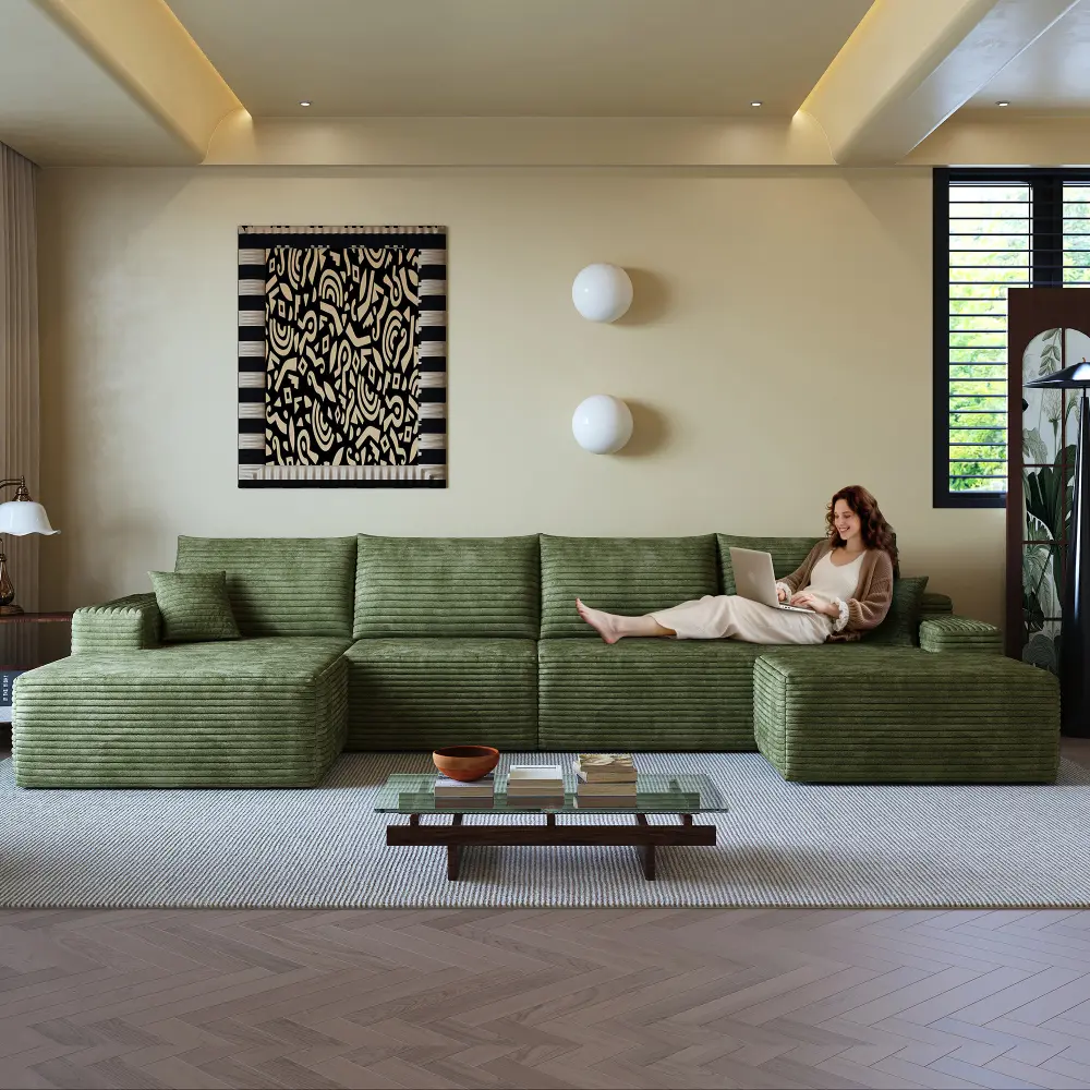 135" Cloud Sectional Sofa with 1 Ottoman,Modern Minimalist Upholstered Couches, Comfort U Shaped Sofa for Living Room,Deep Seat Corner Couch,No Assembly Required,Black (Plush Corduroy Fabric),Green sofas living room