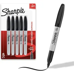 Sharpie Permanent Markers, Fine Tip, Black, 5 Count - Quick Drying, Fade Resistant