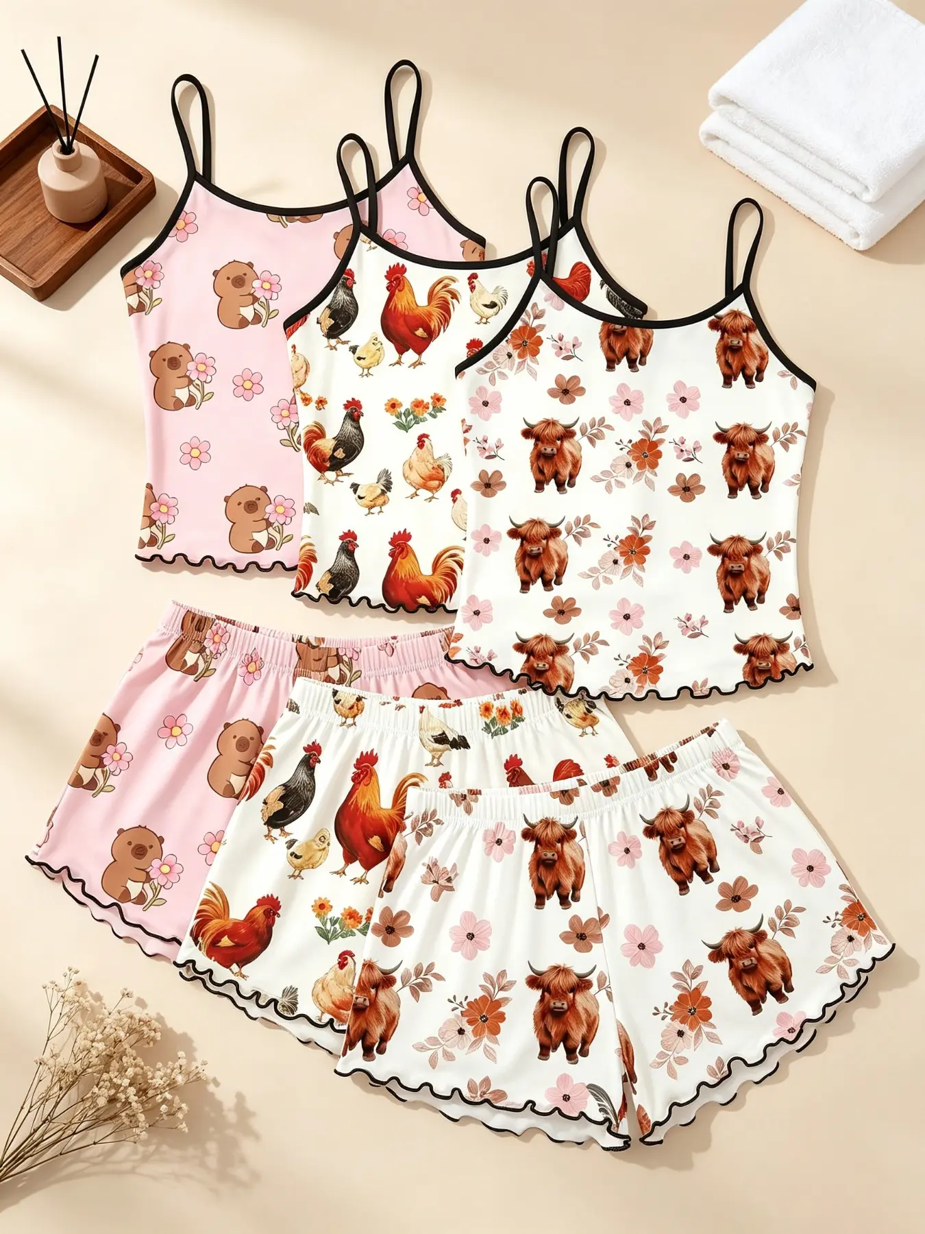 Women's Sleepwear 3 Piece Matching Bundle Kawaii Cozy Aesthetic Teddy Bear Bow Print Summer Soft Cute Girl Style Spaghetti Strap Lettuce Ruffle Hem Contrast Trim Silky Soft Breathable Lightweight Cami Short Pant Set Home Sleepover Lounge Wear