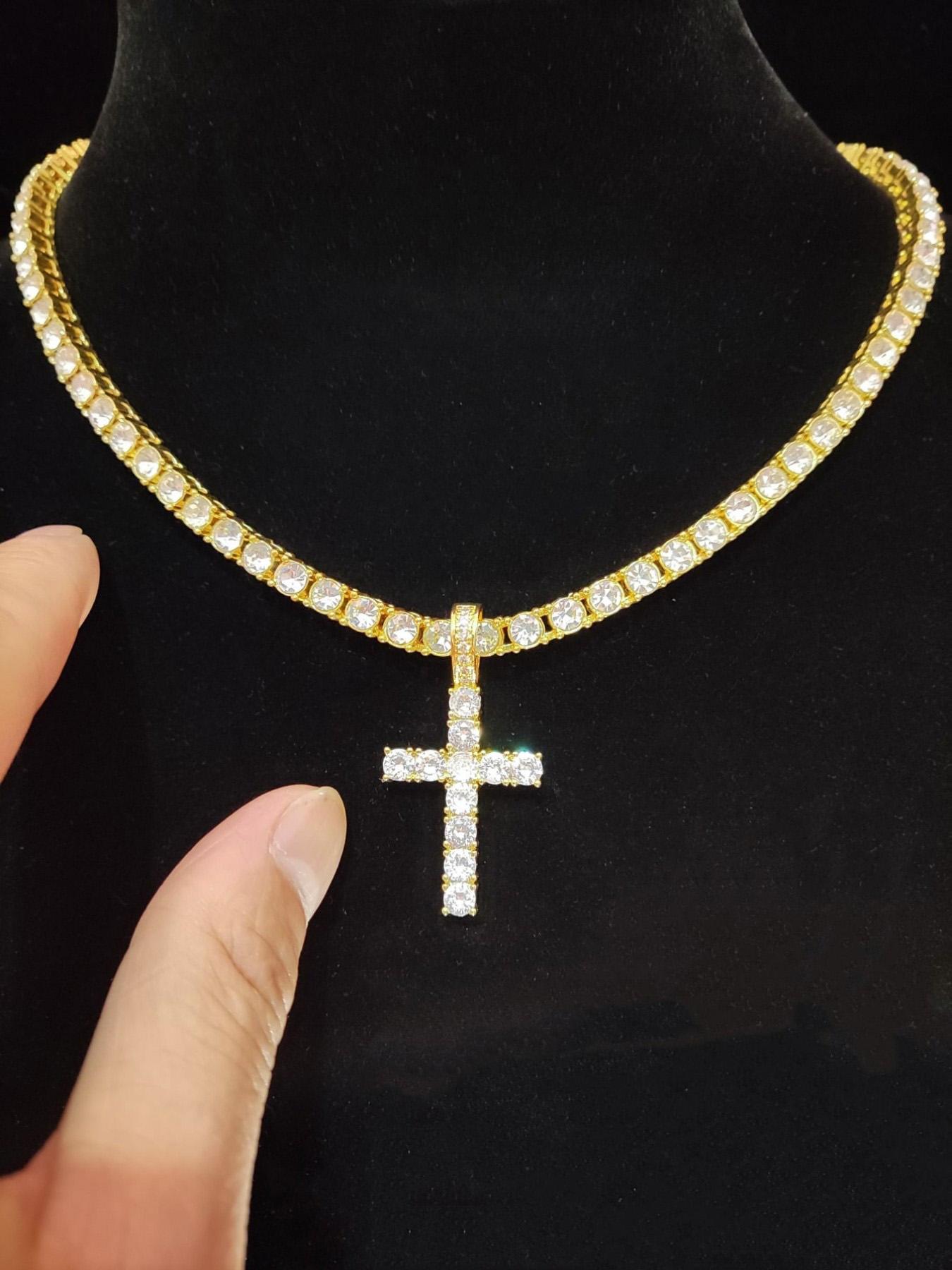 Unisex Easter Rhinestone Cross Pendant Necklace, Hip Hop Necklace, Fashion Elegant All-match Stainless Steel Jewelry Accessories, Bling Stylish Accessory, Exquisite Chain Jewelry