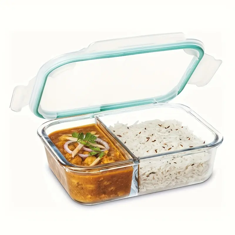 1pc 2-Compartment Locking Glass Food Container with Sealed Hinged Lid Reusable Airtight Storage Box for Oven Fridge Lunch Prep Meal Prep Portion Control Food Storage Container Lockable Storage Container