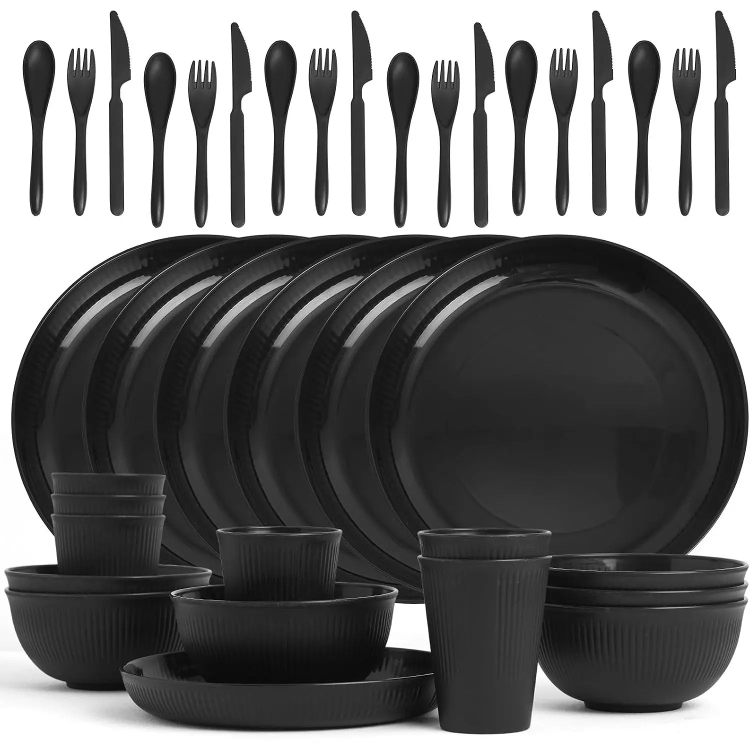 36 Pcs Wheat Straw Dinnerware Set,Dinnerware Sets for 6,Large Round Plates, Bowls and Cups, Unbreakable dish set, Dishwasher and Microwave Safe, Outdoor Camping Dishes (Black)