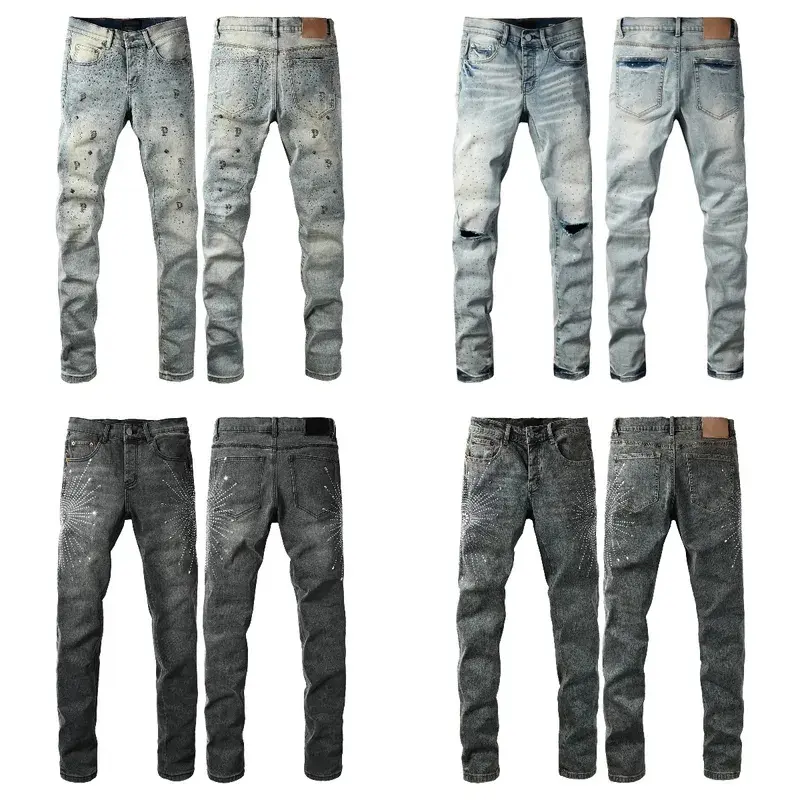 Men Jeans Fashion American High Street Black Distressed Rhinestones Sequined Patterns Stretch Skinny Ripped Button Jeans Pants