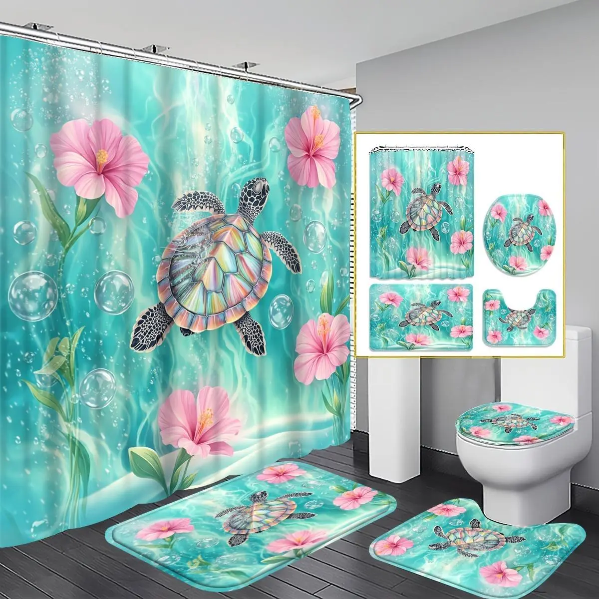 A set of 4 turtle and flower themed shower curtains perfect for marine themed bathroom decor. Contains a U-shape, toilet cover and 12 hooks.