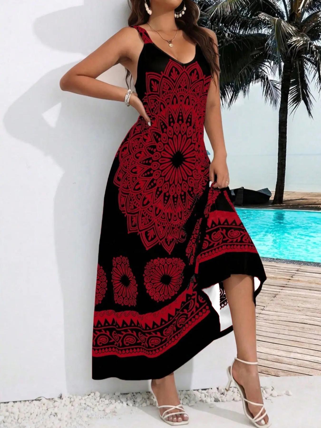 Plus Size Ethnic Pattern Backless Scoop Neck Cami Fitted Dress, Casual Boho Fashion Sleeveless A Line Long Dress for Beach Holiday Vacation, Women's Plus Clothing for Summer