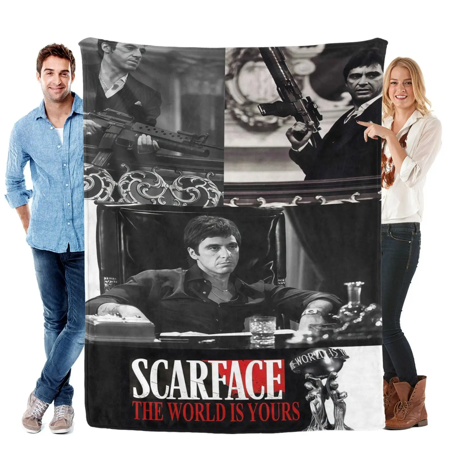 Scarface "The World Is Yours" Flannel Blanket, Tony Montana Classic Movie Plush Throw Blanket, Black and White Film Print Decorative Blanket for Bedroom Couch, Movie Fan Giftable Cozy Blanket
