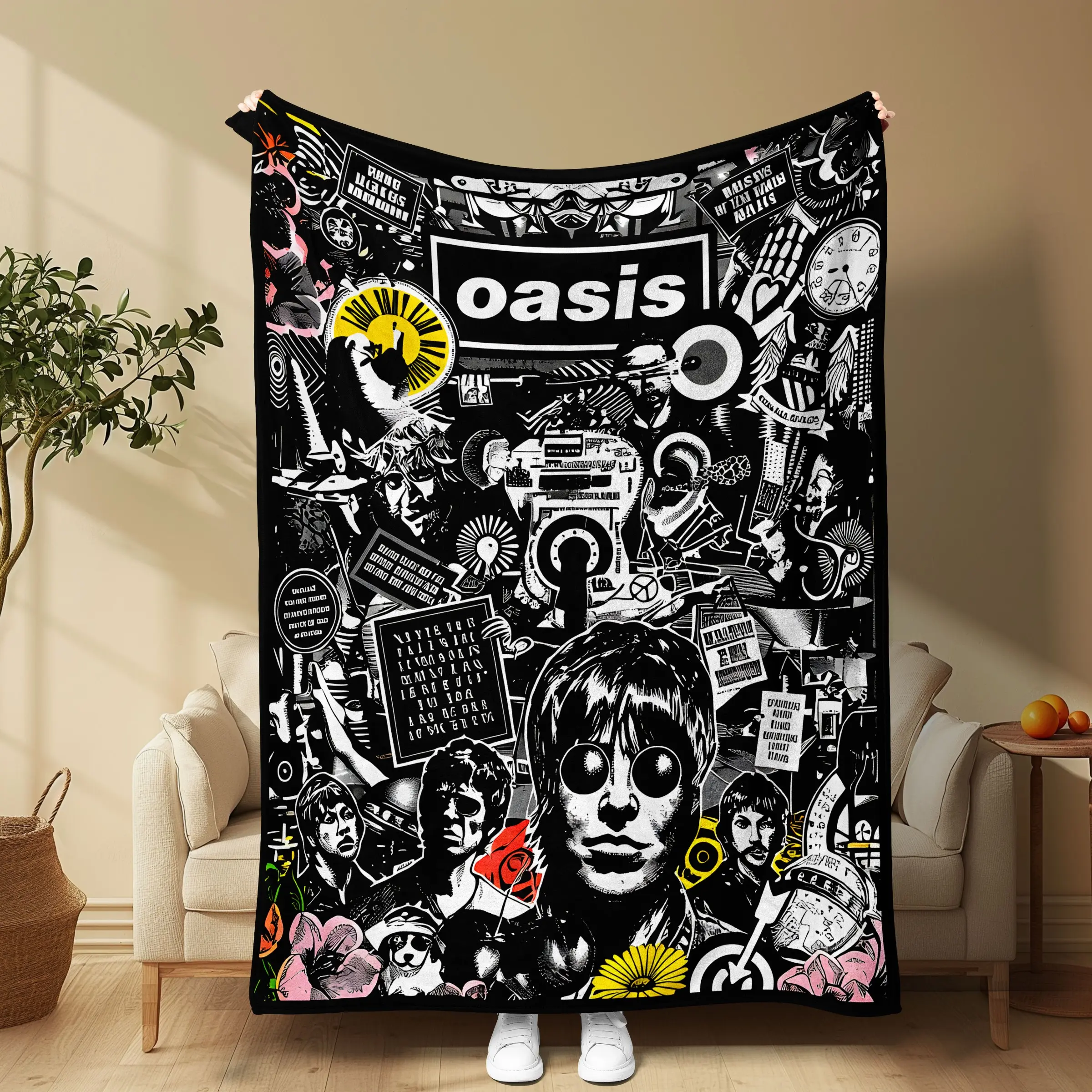 Oasis Band Retro Rock Blanket, Collage Band Portrait Vinyl Elements, Soft Flannel, Sofa Bed Office Nap, Gift for Rock Fans