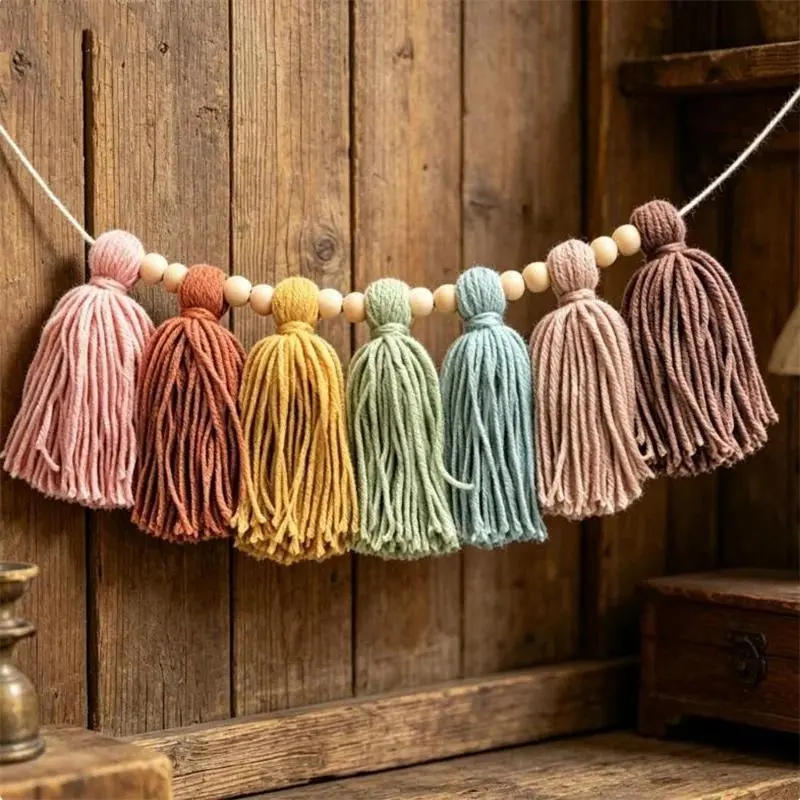 Bohemian Colorful Tassels and Wooden Beads Handmade Party Decorations Fireplace Mantel Room Decor Tassel Hangings Suitable for Holiday Decorations Tassel Strings Home Decor Hanging Tassel Strings Boho Style Decoration