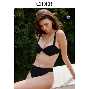Cider Rib Fabric V-neck Underwire Cheeky Bikini Set