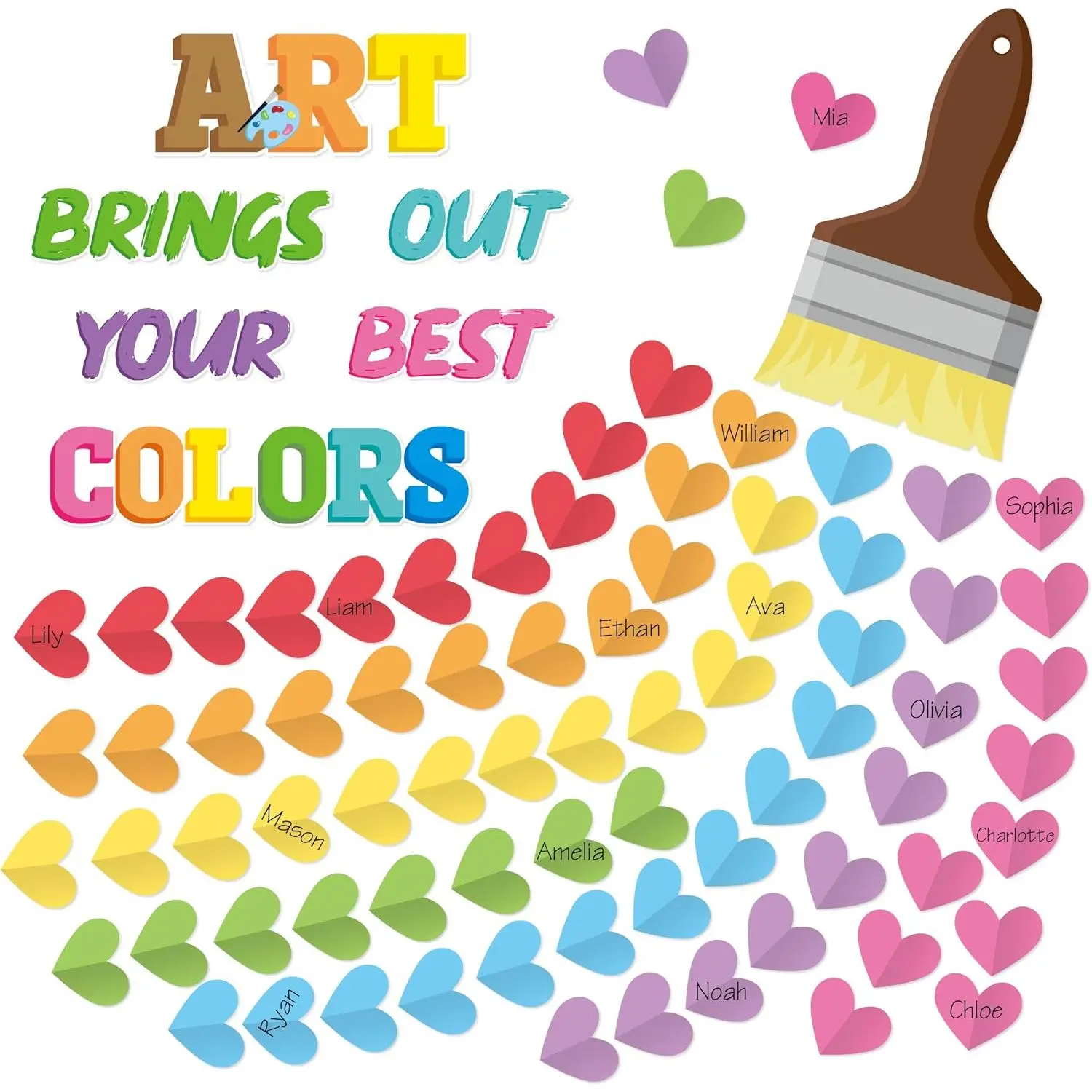 Art Classroom Bulletin Board - 93 count  to School Art Brings Out Your  Colors Bulletin Board Painting Brush  Rainbow Heart Cutouts  Elementary Chalkboard Decoration Supplies