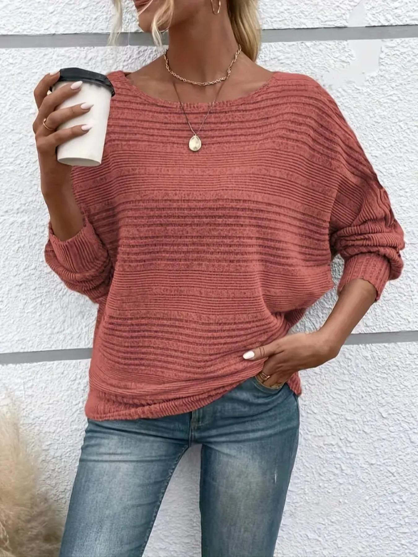Women's Plain Batwing-Sleeve Tee, Casual Long-Sleeve Crew Neck T-Shirt for Fall & Winter, Fashion Ladies' Clothing for Daily Wear