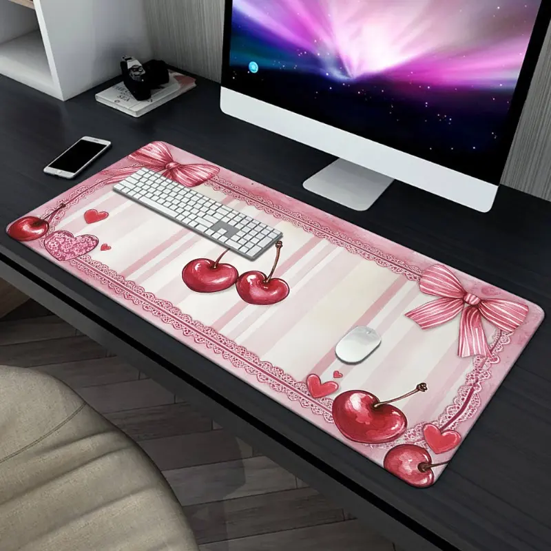 1pc Red Cherry and Pink Bow HD Printed Desk Mat, Cute Office Desk Accessories | Rubber and Polyester, Suitable for Keyboard and Gaming Mouse, Ideal for Office and PC Gaming, Great Gift for Family and Friends