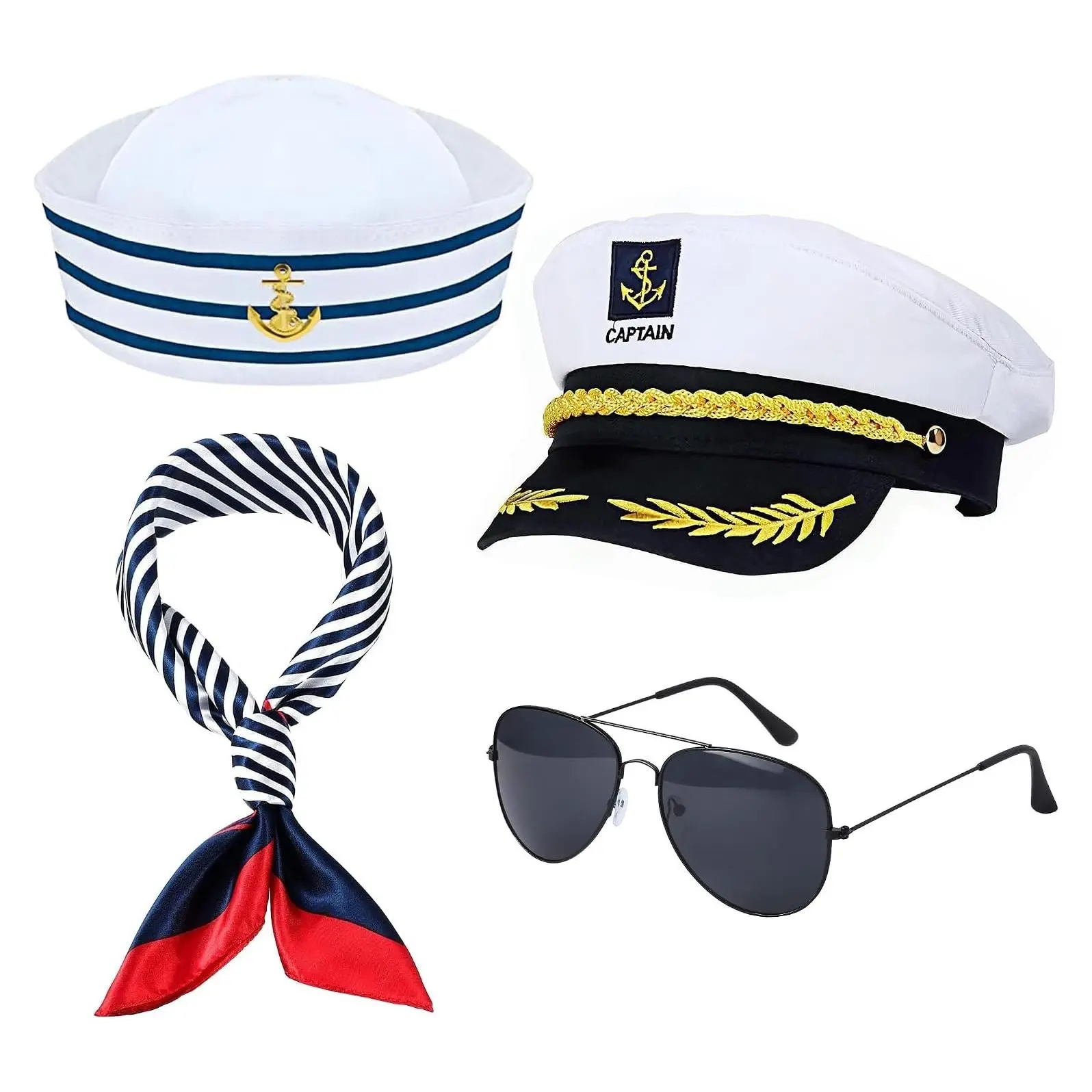 Navy Sailor Captain Yacht Costume Set with Hat, Scarf, and SunglassesGift
