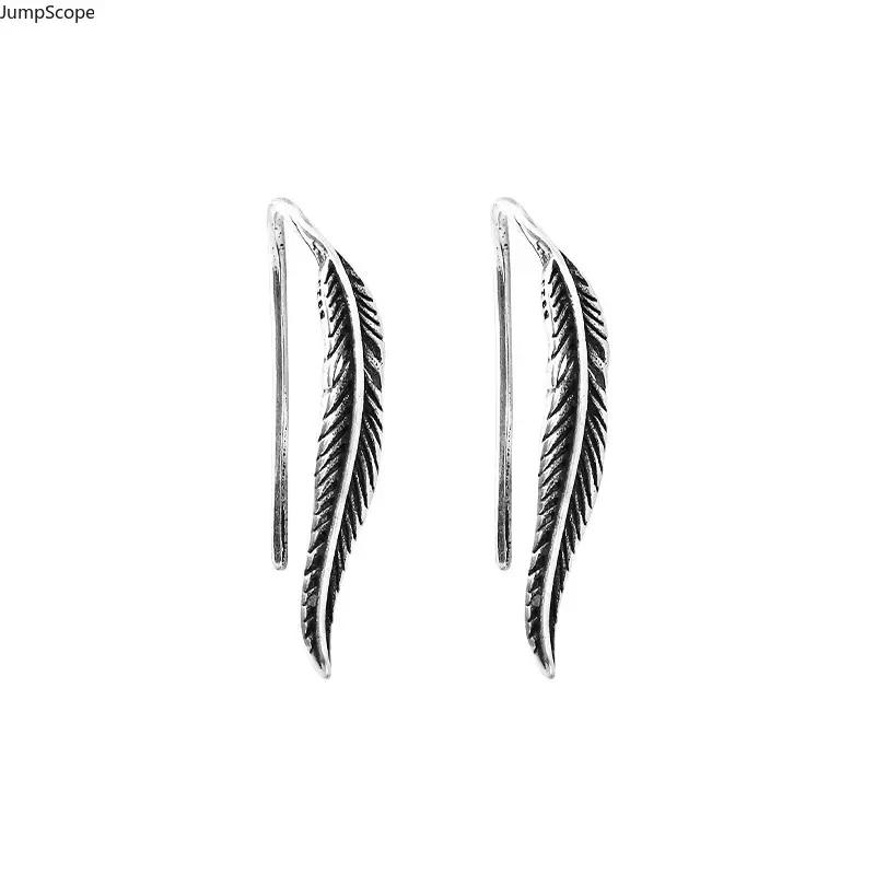 Vintage Oxidized Feather Threader Earrings Unisex, Silver Antique Leaf U-Shaped Pull Through Ear Hooks Hip Hop Punk Cool Cross-Border Viral Statement Jewelry For Men Women