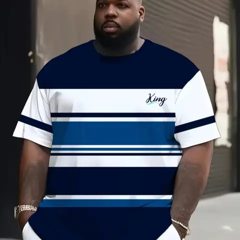 Men's Plus Size 3D Printed Striped T-Shirt, Activewear T Shirt, Breathable Summer Round Neck Short Sleeve, Loose Fit Casual Sportswear