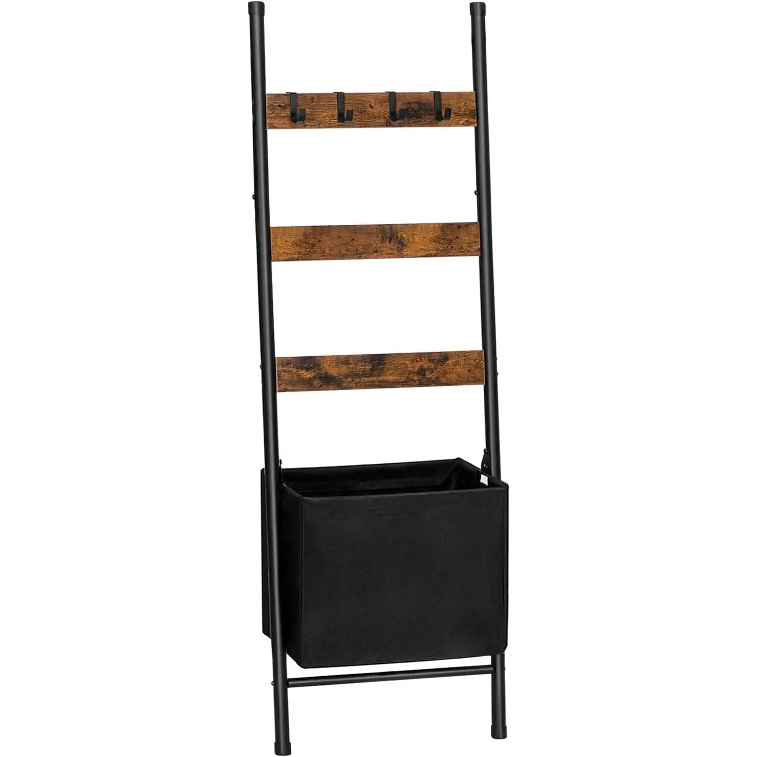 Blanket Ladder with Basket, 17.3”L x 63.4”H, Towel Rack with Hooks, Blanket Holder Rack, Decorative Ladder Shelf, Drying and Display Rack for Bathroom, Living Room, Rustic Brown BF31CJ01