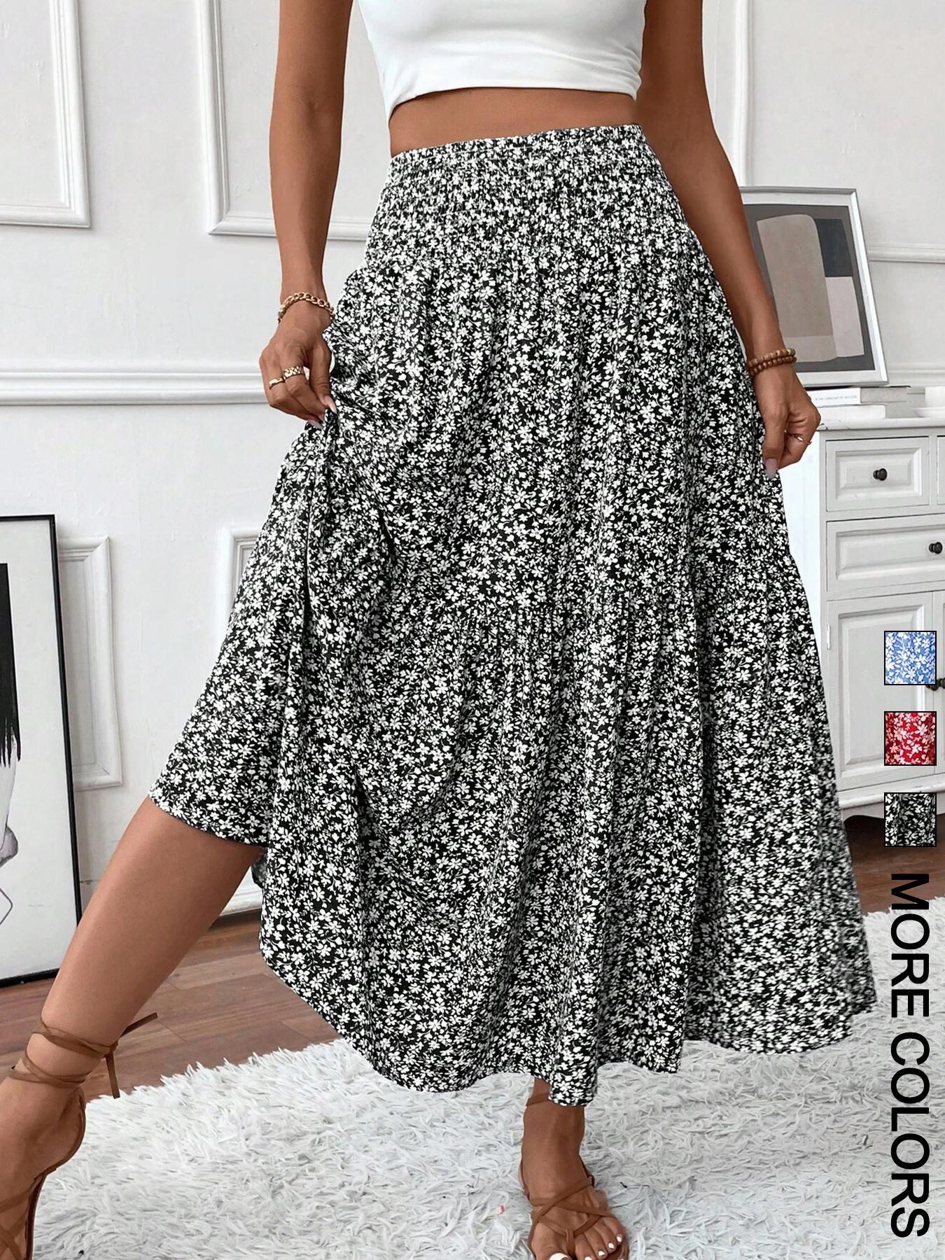 Women's Ditsy Floral Print A Line Ruffle Hem Skirt, Boho Fashion Casual Skirt for Daily Holiday Vacation Wear, Ladies Bottoms for Summer