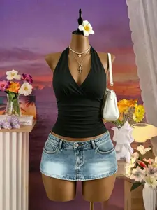 New Elastic Slim Fit Halter Neck V-Neck Strapless Side Pleat Slimming Bodycon Short Tank Top, Pure Desire Style for Dates and Office Wear