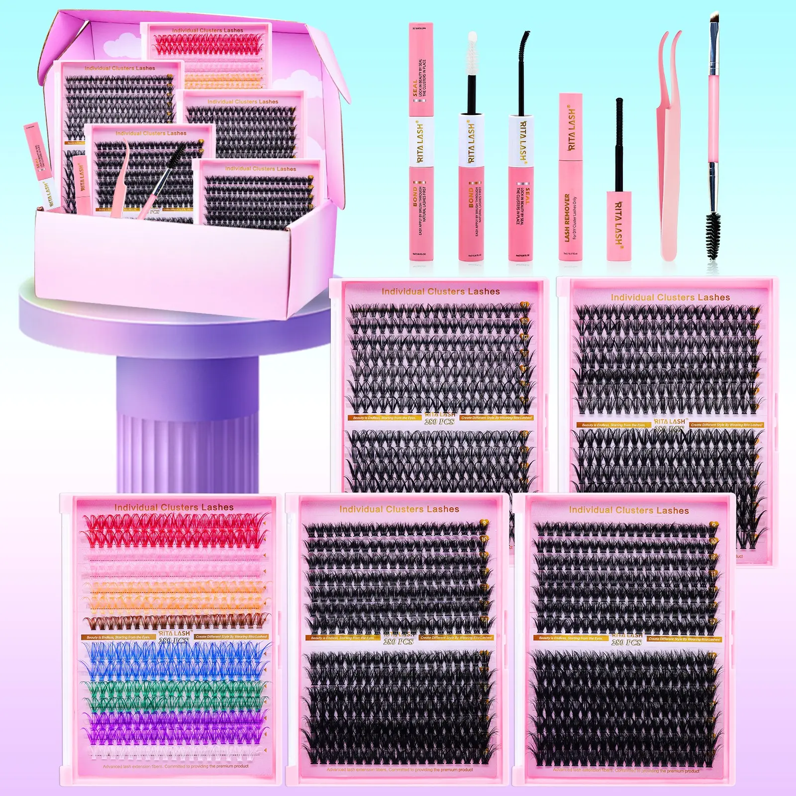 RITALASH 1400pcs D Curl Gift Cluster Lash Kit DIY Individual Eyelashes Large Capacity Lashes Mixed Lengths Soft, Gentle And Comfortable Makeup Cosmetic False Eyelashes Kit DIY at Home with Bond and Seal Tweezer Remover and Brush includes lash tools