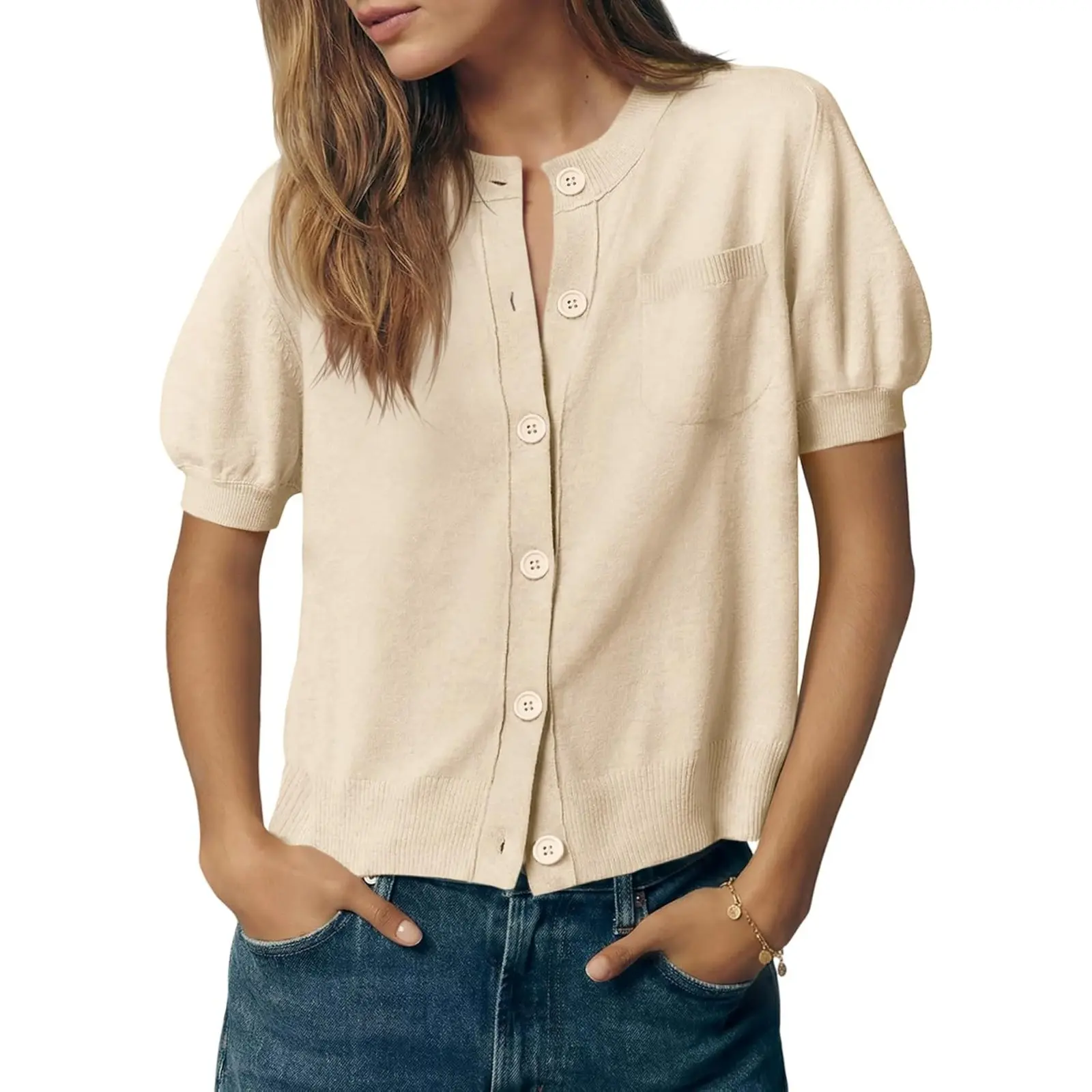Saodimallsu Women's Puff Short Sleeve Knit Cardigan, Casual Lightweight Crewneck Button Down Sweater Top, Fabric, Knitwear, Puff Sleeve, Shortsleeve, Basic, Clothes