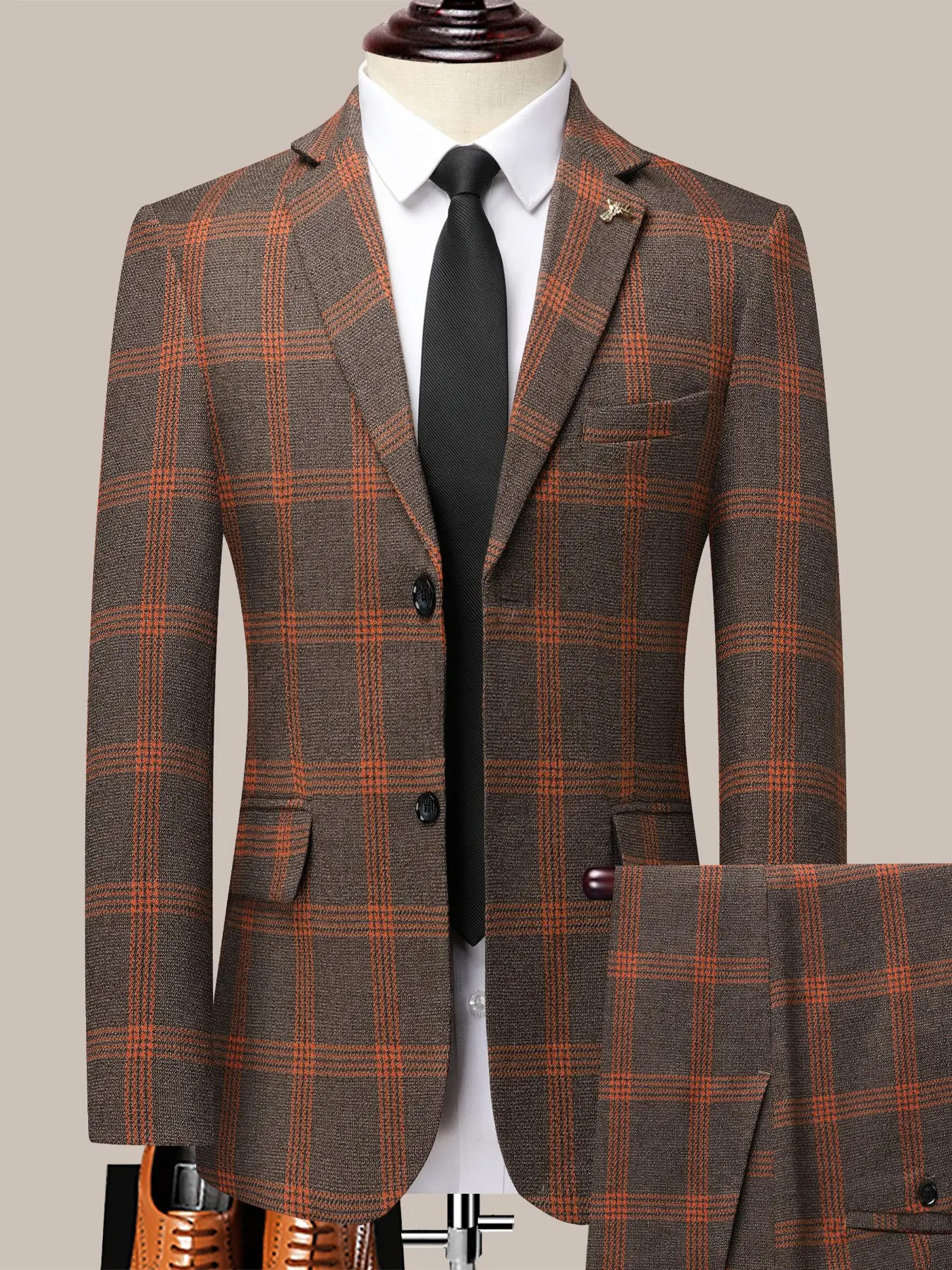 Men's Four-Season Classic Plaid Suit Two-Piece Set, Slim Fit Formal Business Casual Jacket, Wrinkle-Free Iron-Free Two-Buckle Suit