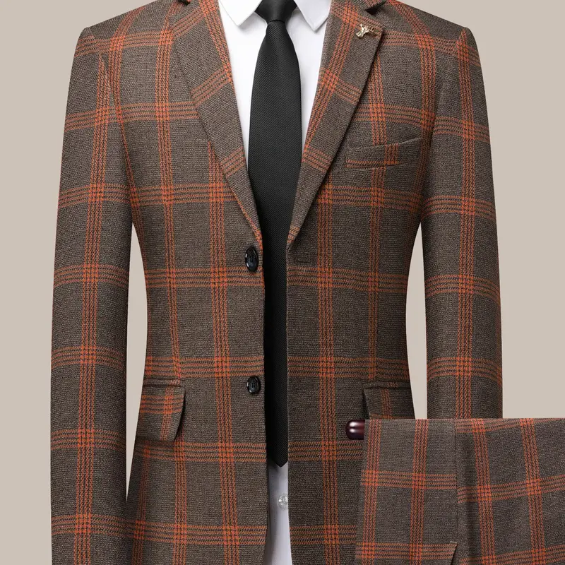 Men's Four-Season Classic Plaid Suit Two-Piece Set, Slim Fit Formal Business Casual Jacket, Wrinkle-Free Iron-Free Two-Buckle Suit, Blazer and Pants