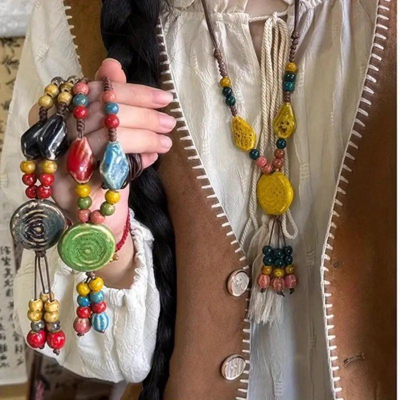 Vintage Tribal Adjustable Disc Ceramic Bead Necklace Handmade High Temperature Kiln Fired Irregular Bohemian Ethnic Sweater Chain For Women Daily Vacation Wear