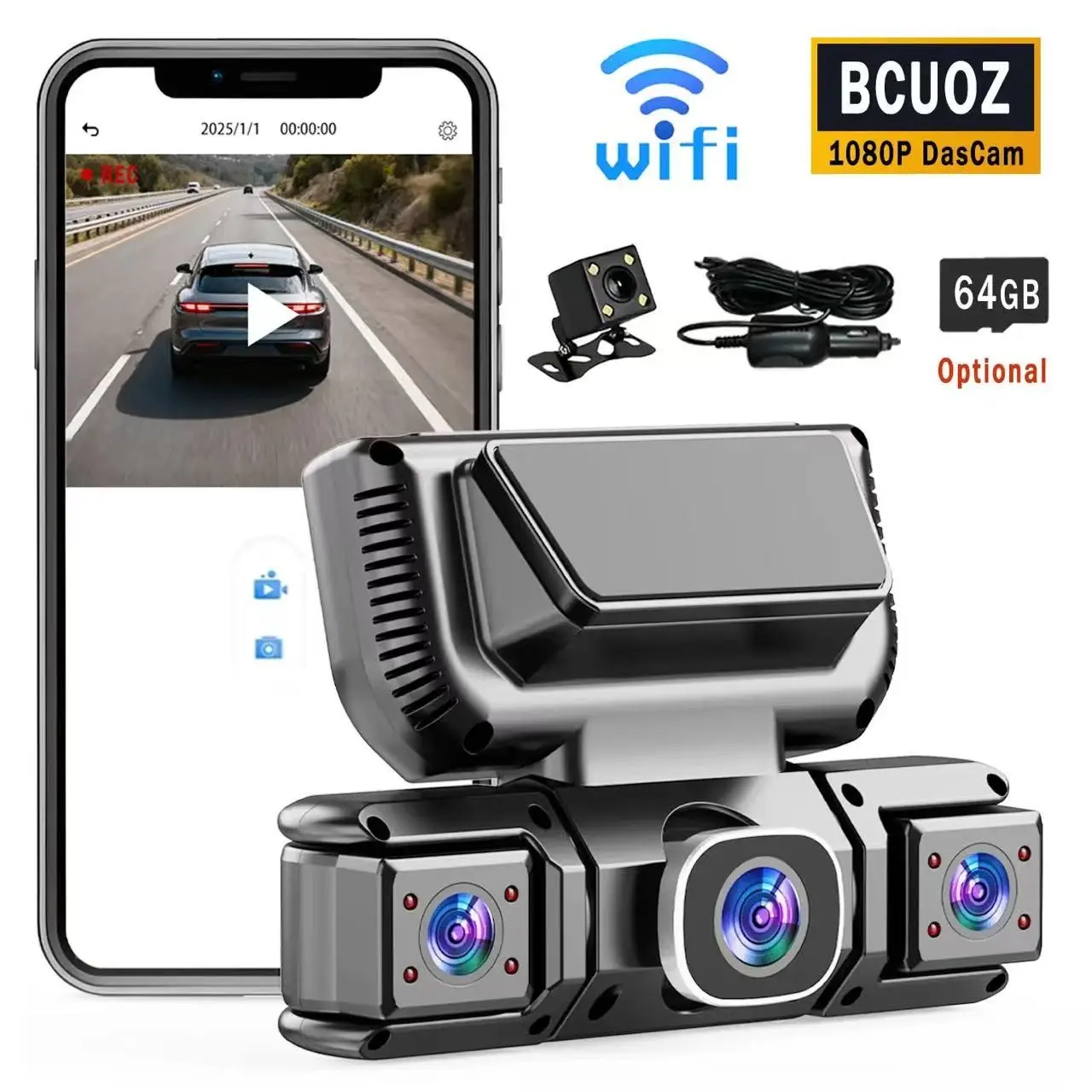 4-Channel Dash Cam with WiFi, 64GB SD Card, Full HD Dual Camera, Night Vision, Hdr, APP Control, Car Front Mount, Rechargeable, Wireless Dashcam