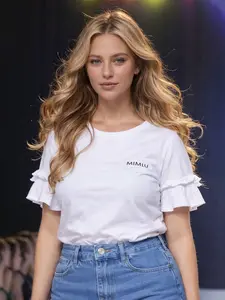 Women's Letter Embroidery Ruffle Hem Short Sleeve Top, Fashionable Commuter Wear, Summer New Arrival, Stylish Casual Blouse