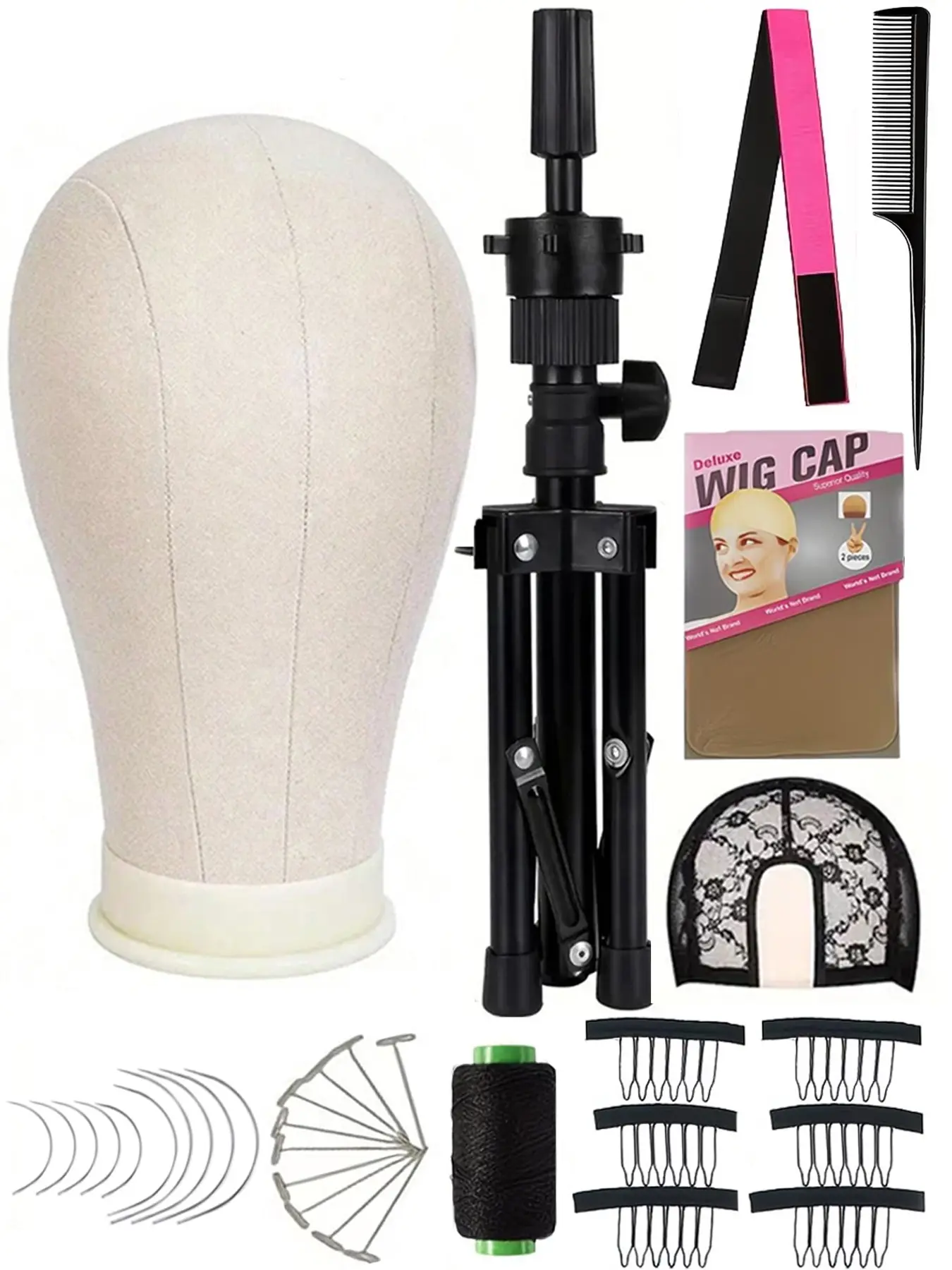 Canvas Block Head Set for Wig Display, Adjustable Tripod Mannequin Head Stand, Practice Mannequin Head, Ideal for Hair Weaving and Styling Training
